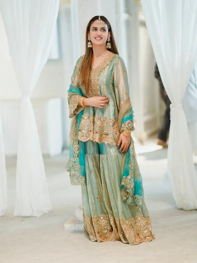 Elegant Mint Green Kurti & Sharara Set - Sequins & Zari Work for Festive Celebrations