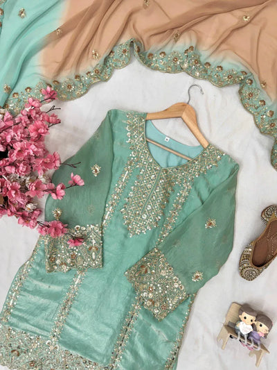 Elegant Mint Green Kurti & Sharara Set - Sequins & Zari Work for Festive Celebrations