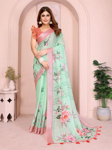 Elegant Mint Green Linen Cotton Saree - Lightweight Floral Print Festive Wear for Women