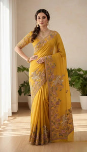 Elegant Moss Chiffon Saree - Haldi Special Animal Embroidery for Women