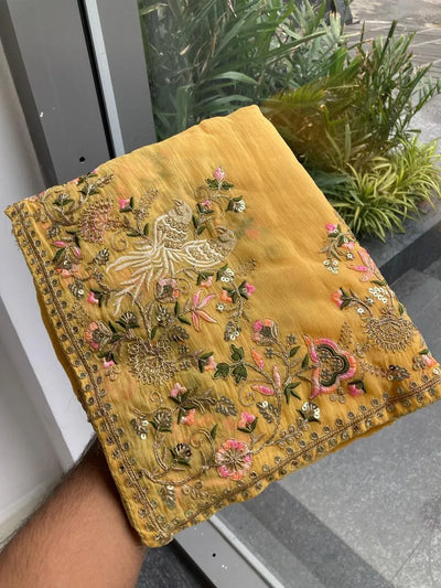 Elegant Moss Chiffon Saree - Haldi Special Animal Embroidery for Women