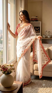 Elegant Moss Fabric Saree with Scalloped Embroidery for Durga Puja Festive Wear