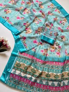 Elegant Moss Zari Satin Saree with Digital Prints for Festive Prep
