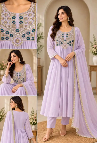 Elegant Mul Chanderi Anarkali Suit Set - Festive Beads Work 3-Piece Kurti Set