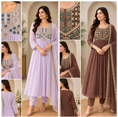 Elegant Mul Chanderi Anarkali Suit Set - Festive Beads Work 3-Piece Kurti Set