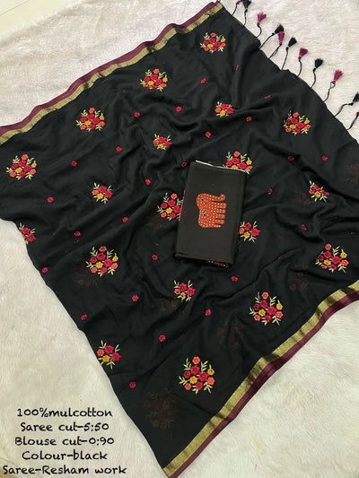 Elegant Mul Cotton Saree - Festive Resham Work for Women