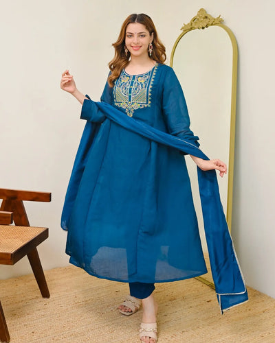 Elegant Mull Chanderi Kurti Set - Embroidered Design with Chanderi Dupatta | S-XXL