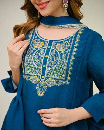 Elegant Mull Chanderi Kurti Set - Embroidered Design with Chanderi Dupatta | S-XXL