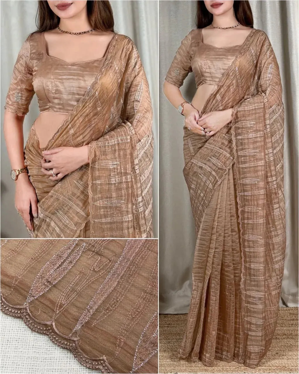 Model in beige muscut silk saree with Turkish sequins embroidery and matching scoop neck blouse
