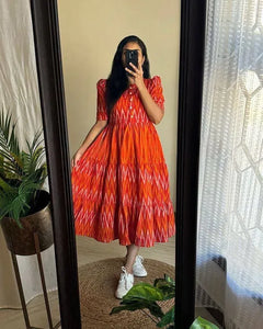 Elegant Muslin Ikat Tiered Dress - Festive Prep Wear for Women
