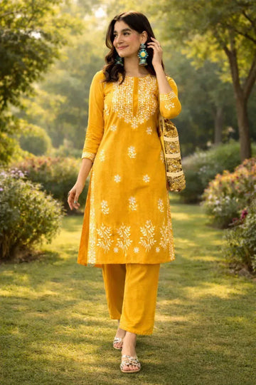 Elegant Mustard Kurti Set - Embroidered Tesla Cotton Blend for Women