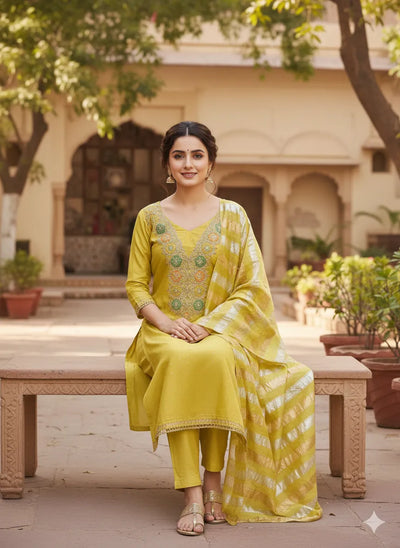 Elegant Mustard Modal Chanderi Suit Set - Unstitched Embroidery for Festivals