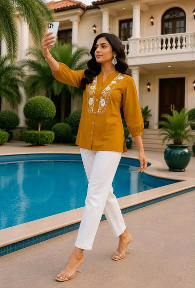 Elegant Mustard Rayon Slub Co-Ord Set - Festive Wear for Women