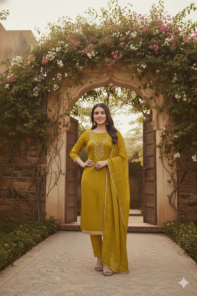 Elegant Mustard Suit Set - Embroidery for Festive Wear