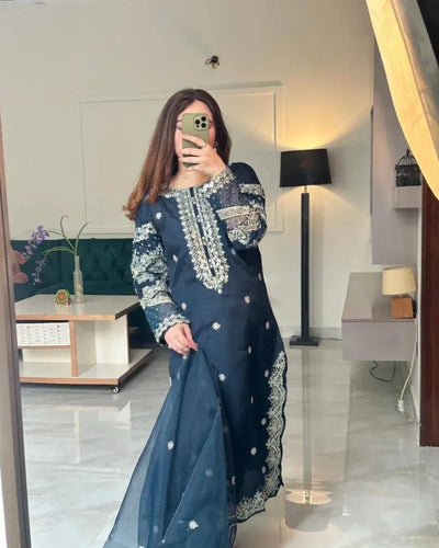 Elegant Navy Blue Crepe Kurti Set - Zari & Sequin Work | Festive Ready