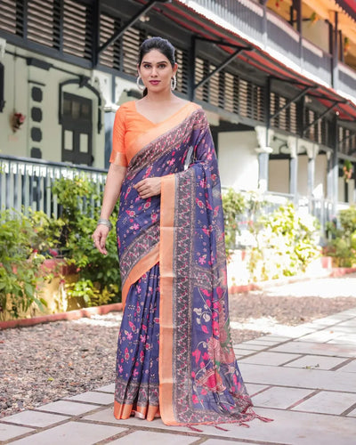 Elegant Navy Blue Floral Linen Cotton Saree - Lightweight Designer Border Festive Wear