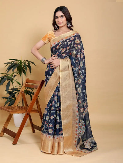 Elegant Navy Blue Floral Linen Cotton Saree with Traditional Gold Zari Border