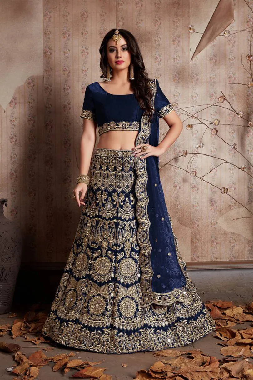 Navy Blue Velvet Lehenga Choli with Zari Embroidery