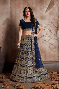 Premium Navy Blue Velvet Lehenga Choli with Handcrafted Zari Embroidery