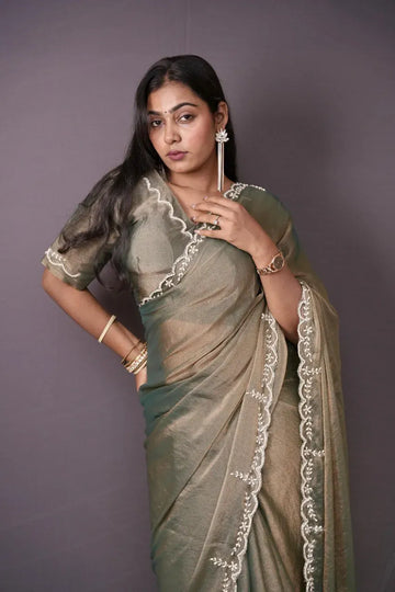 Elegant NC Moss Saree - Khatli Handwork | Festive Comfort