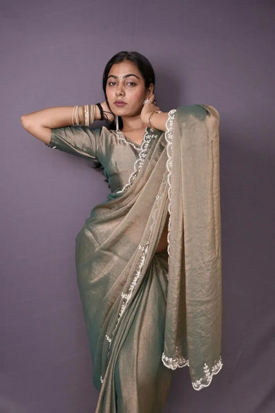 Elegant NC Moss Saree - Khatli Handwork | Festive Comfort