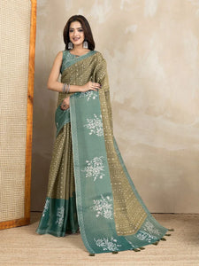 Elegant Olive Green Silk Saree with Ethnic Prints for Festive Wear