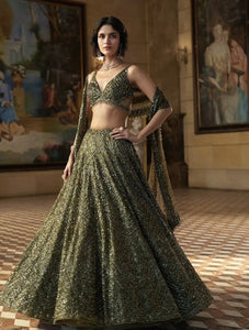 Elegant Olive Tinted Lehenga - Dreamy Sparkle for Festive Events