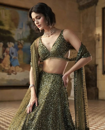 Elegant Olive Tinted Lehenga - Dreamy Sparkle for Festive Events