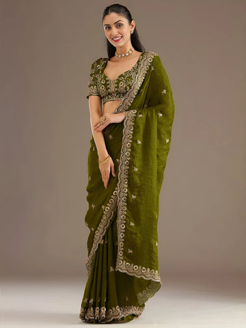 Elegant Olive Tissue Saree - Multi-Sequins & Zari Work for Festive & Monsoon Wear