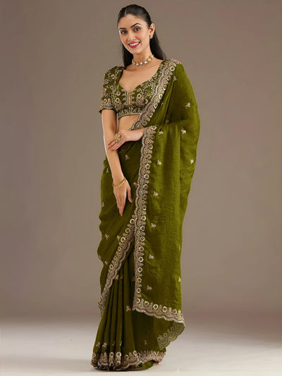 Elegant Olive Tissue Saree - Multi-Sequins & Zari Work for Festive & Monsoon Wear