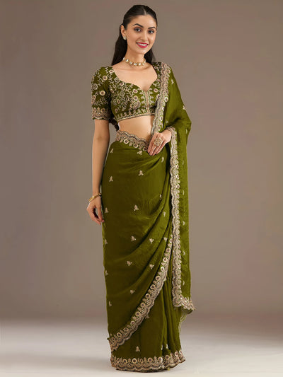 Elegant Olive Tissue Saree - Multi-Sequins & Zari Work for Festive & Monsoon Wear