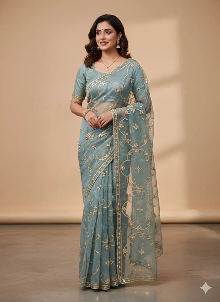 Handcrafted Organza Gota Saree with Kachi Patti embroidery for weddings