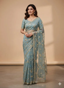 Handcrafted Blush Pink Organza Gota Saree with Exquisite Kachi Patti Work for Wedding Wear