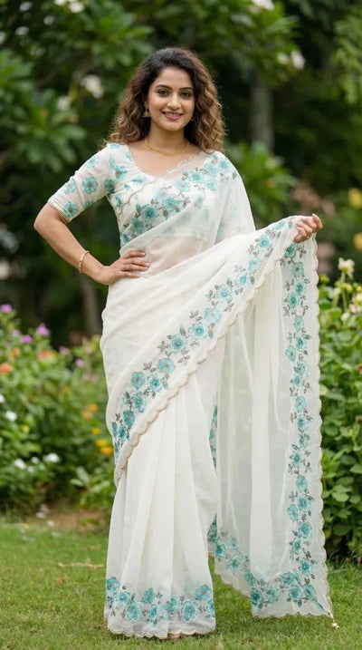Elegant Organza Saree - Floral Prints & Handwork for Festive & Party Wear