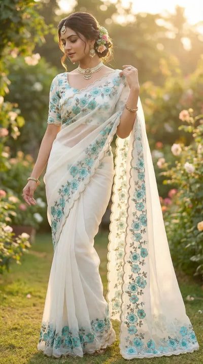 Elegant Organza Saree - Floral Prints & Handwork for Festive & Party Wear