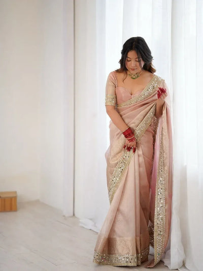 Elegant Organza Saree - Mirror Work Lace Border for Festive Wear