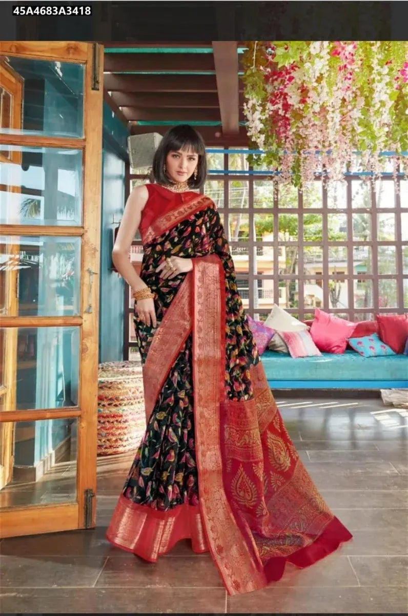 Elegant Organza Saree with Natural Floral Print and Contrast Blouse