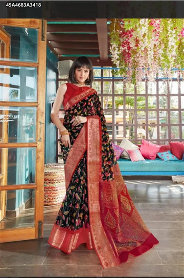 Elegant Organza Saree - Natural Print & Contrast Blouse