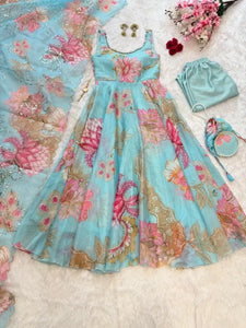 Premium Jimmy Organza Silk Floral Digital Print Anarkali Suit with Exquisite Mirror Work Neckline and Designer Batwa Bag for Festive Celebrations