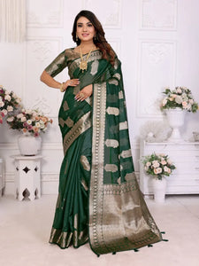Elegant Organza Silk Banarasi Saree with Gold Zari Border for Festive Weddings