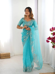 Elegant Organza Silk Saree - Thread & Sequin Embroidery for Party Wear Women