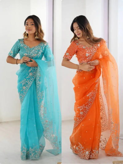 Elegant Organza Silk Saree - Thread & Sequin Embroidery for Party Wear Women