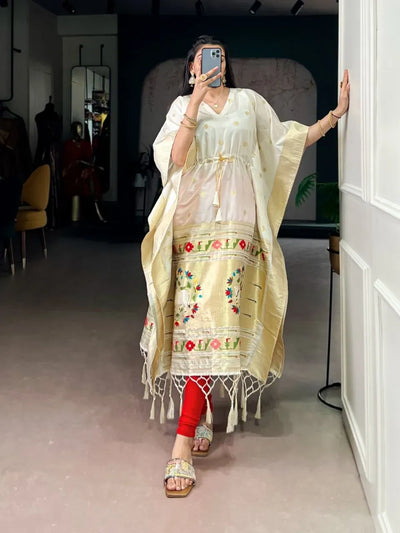 Exclusive Paithani Jacquard Kaftan Dress with Royal Zari Weaving - Free Size Festive Wear for Women
