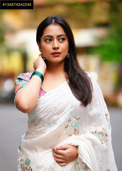 Elegant Paper Silk Saree - Floral Embroidery & Cutwork for Women