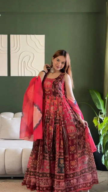 Elegant Patola Organza Gown - Digital Print with Graceful Flair for Festive Wear