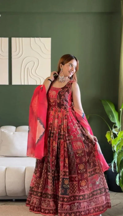 Elegant Patola Organza Gown - Digital Print with Graceful Flair for Festive Wear