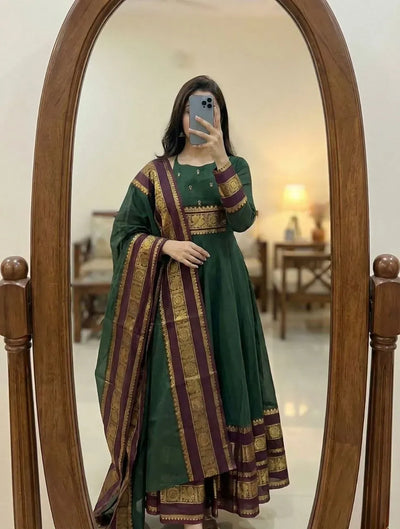 Elegant Pattu Cotton Anarkali Suit - Handcrafted Zari Border Festive Wear for Women