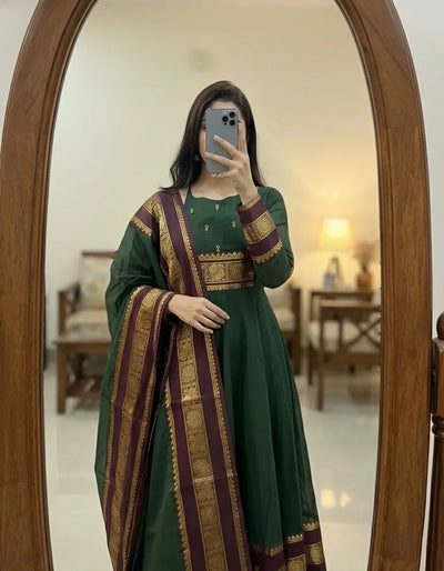 Elegant Pattu Cotton Anarkali Suit - Handcrafted Zari Border Festive Wear for Women