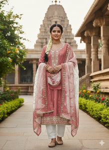 Elegant Peach Embroidered Suit - Festive Unstitched Dress Material