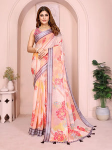 Elegant Peach Linen Cotton Saree - Lightweight Floral Print Festive Wear for Women